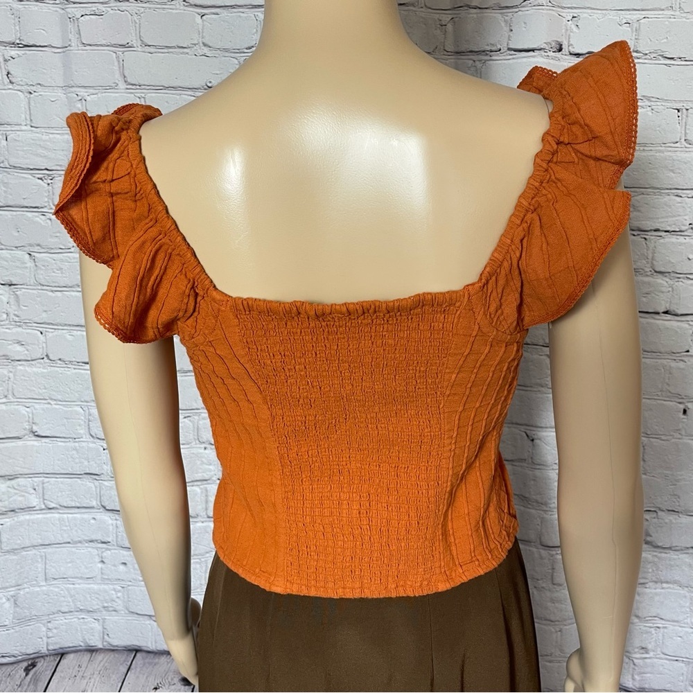 Free People Rust Orange Riviera Ruffled Square-Neck Button Front Crop Top - Picture 5 of 9